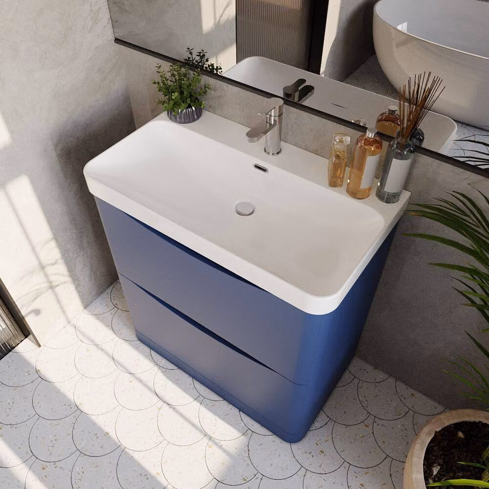 Balterley Modern Floor Standing 2 Drawer Bathroom Vanity with Ceramic Basin, Blue, W: 80 cm, H: 86.2 cm – 3