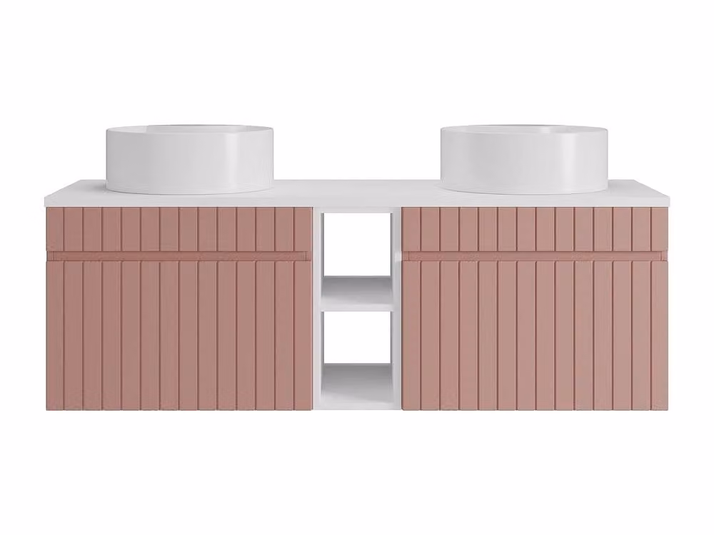 Vente-unique Striped Wall Mounted Bathroom Vanity Unit with Niches and Double Round Doors in Pink and White – 2