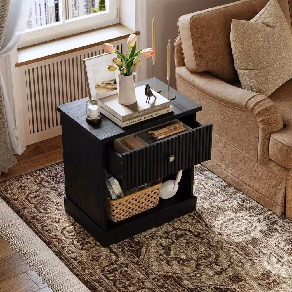 VOGREX Modern Fluted Wood Nightstand with Drawer in Black – 3