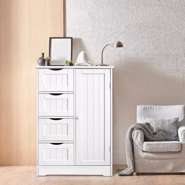 EONLION Modern White Lacquered Freestanding Bathroom and Kitchen Floor Storage Cabinet with Internal Shelves and Hinged Doors