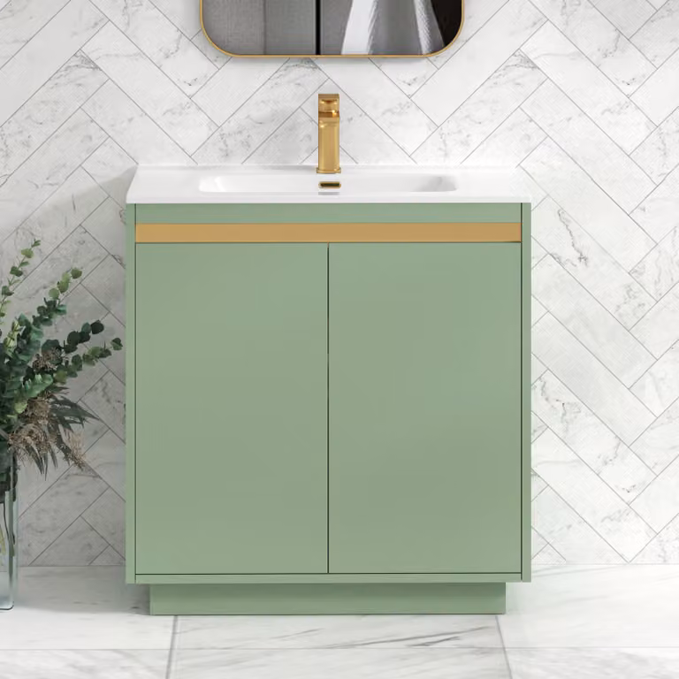 Royal Bathrooms Orion 800mm Mint Sage 2 Door Floor Standing Vanity Unit with Ceramic Basin and Brushed Brass Accent Trim