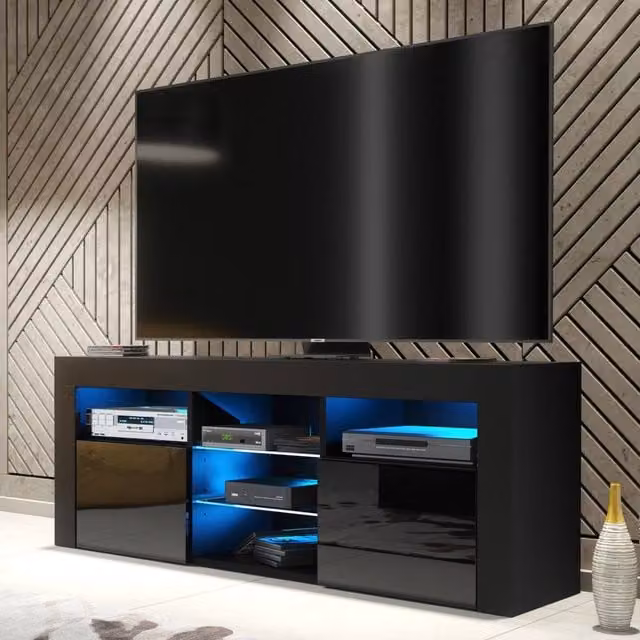 Mex Furniture LTD Pulse TV Unit in Black with Glossy Doors and LED Lights, W: 145 cm, H: 53 cm, D: 35 cm – 1