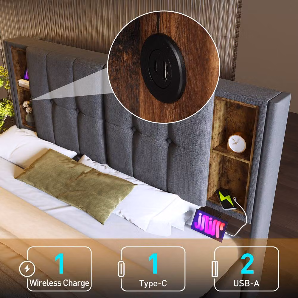 ModernLuxe Upholstered Ottoman Bed with Storage Headboard and USB Charging Port in Grey, W/D/H: 140 x 200 x 100.5 cm – 3