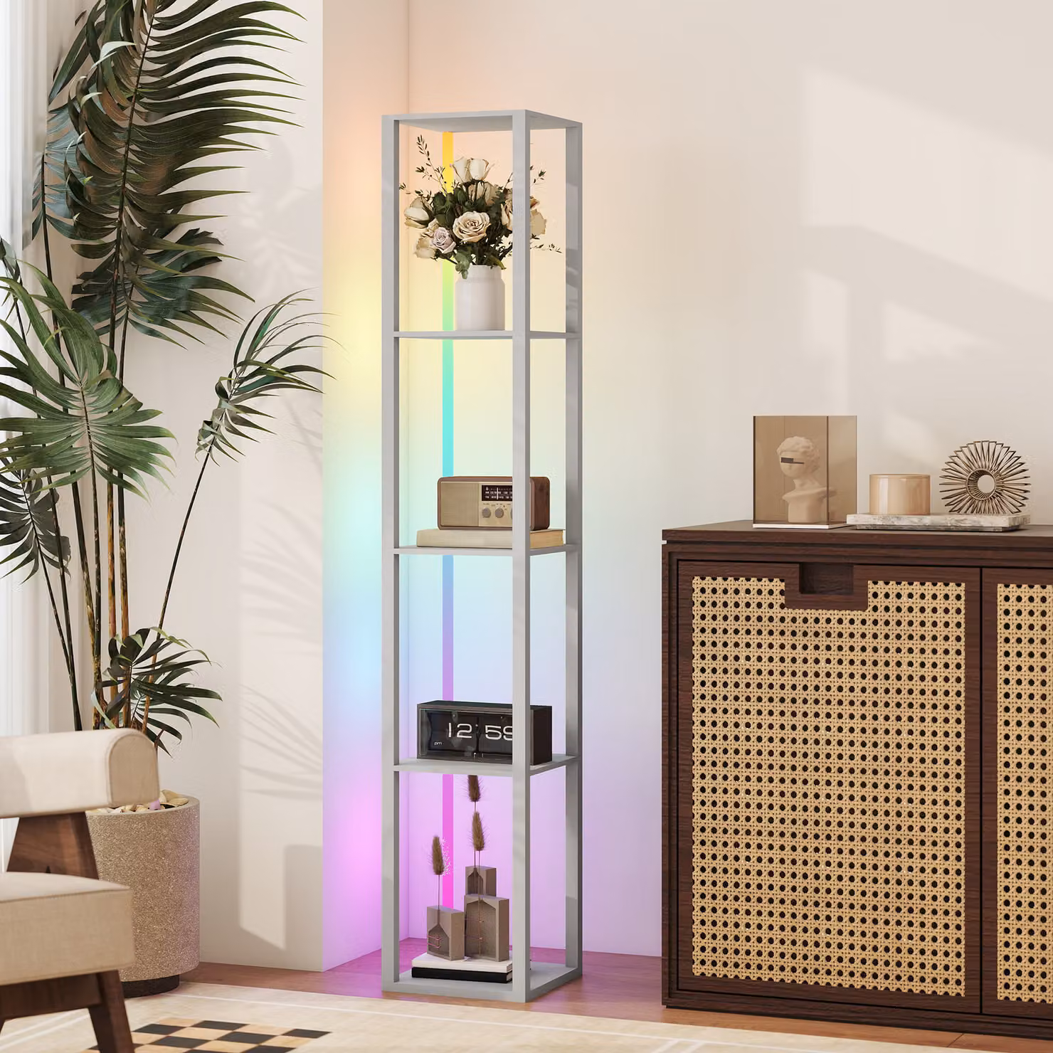 HOMCOM RGB LED Floor Lamp with Shelves, Modern Dimmable Standing Lamp with Remote Control in Grey – 2