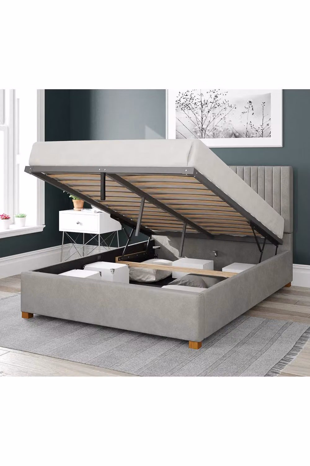 Aspire Grant Upholstered Ottoman Storage Bed in Grey Velvet Fabric, W/D/H: 180 x 160 x 35 cm – 2