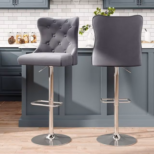 Livingandhome Set of 2 Grey Velvet Upholstered Adjustable Bar Stools with Metal Frame