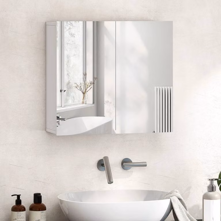 FORGEVIO Modern White Wall-Mounted Bathroom Mirror Cabinet with 2 Hinged Doors