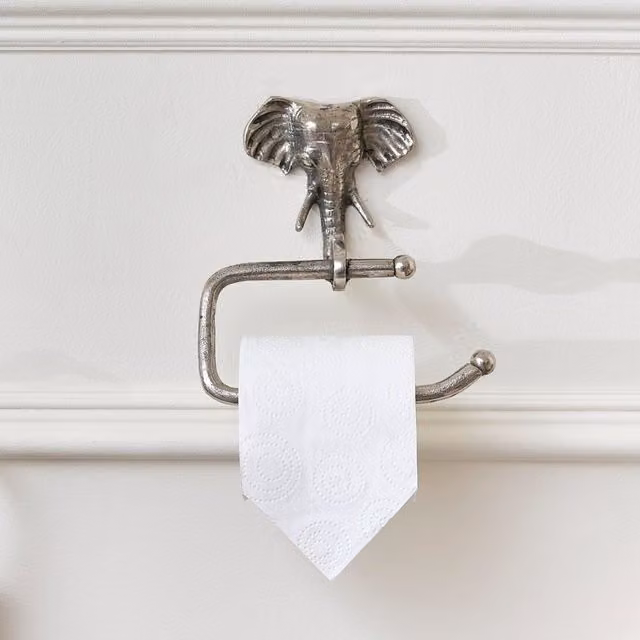 Melody Maison Metallic Silver Elephant Wall Mounted Toilet Roll Holder, W: 18 cm, H: 19 cm
