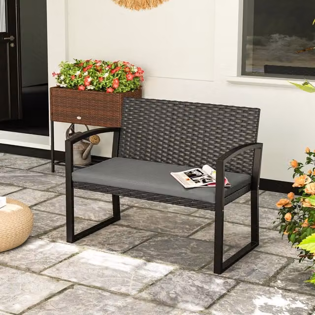 Outsunny Grey Rattan Two-Seater Garden Bench with Armrests and Cushions