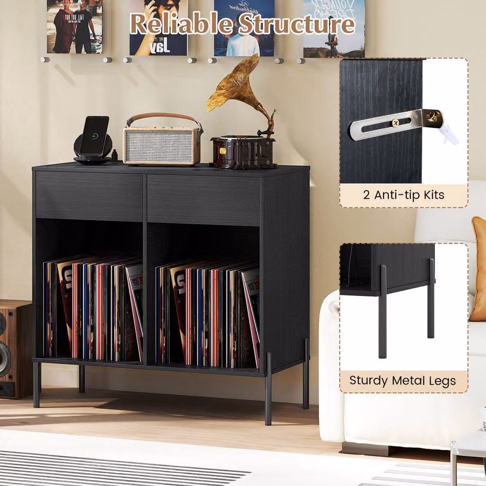 Gymax Double Wide Turntable Stand with Drawers, Power Outlets and Metal Legs in Black – 5
