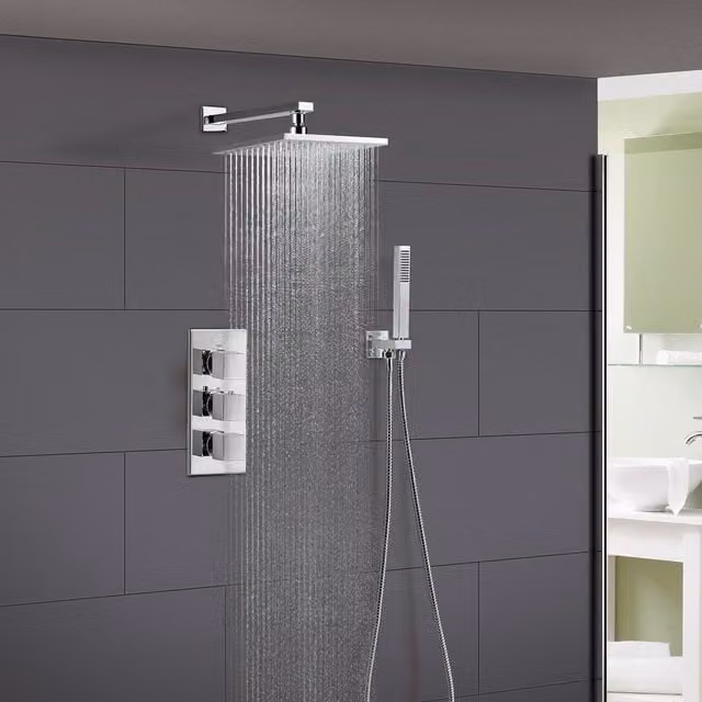 Nes Home 2 Way Square Concealed Thermostatic Mixer Valve with Hand Held Shower Head in Metallic Silver