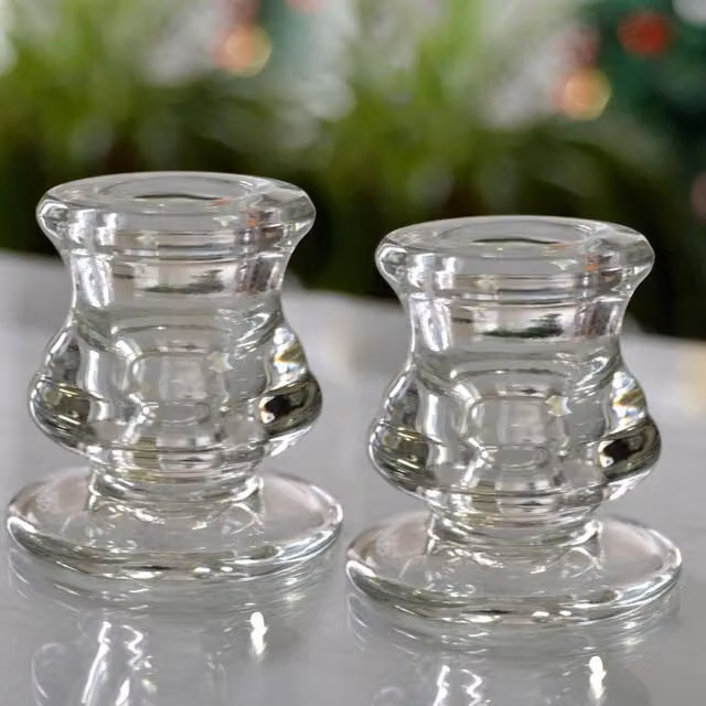 Marco Paul Set of 2 Transparent Round Glass Taper Candle Holders