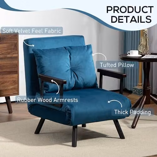 HOMCOM Blue Velvet Click Clack Convertible Bed Settee with Armrests – 6