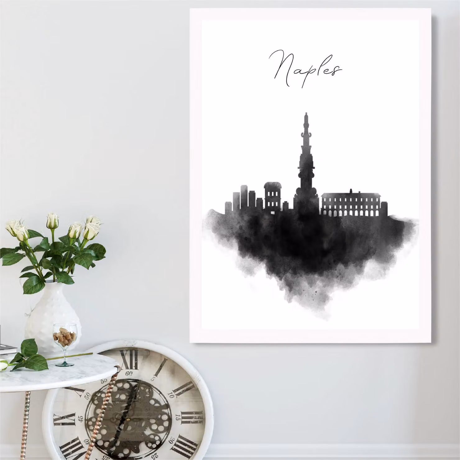 ARTZE Naples Watercolour Skyline City Framed Print, Black and White, A3 – 2