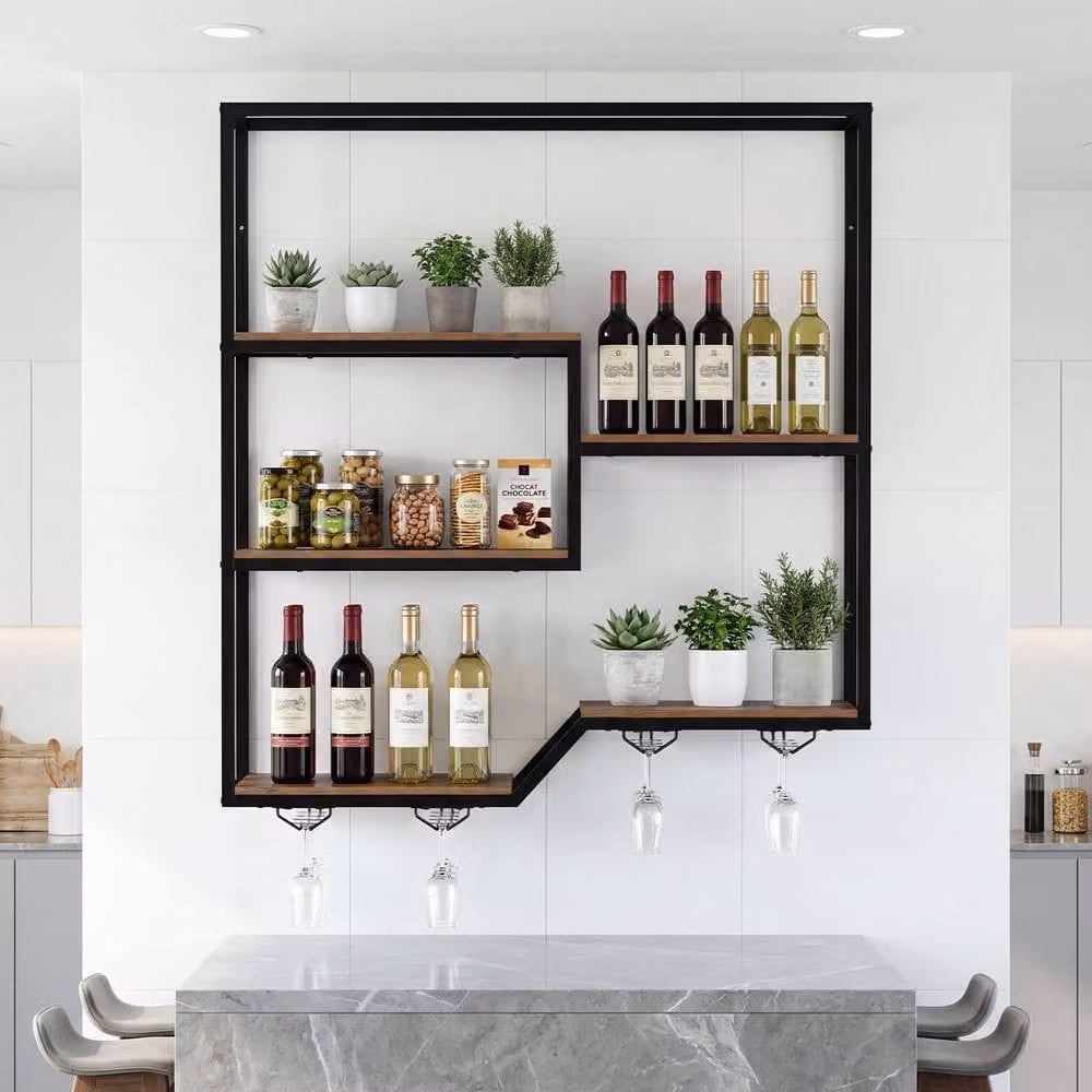 Costway 5-Tier Wall Mounted Industrial Wine Display Shelf with Glass Holders in Brown – 9