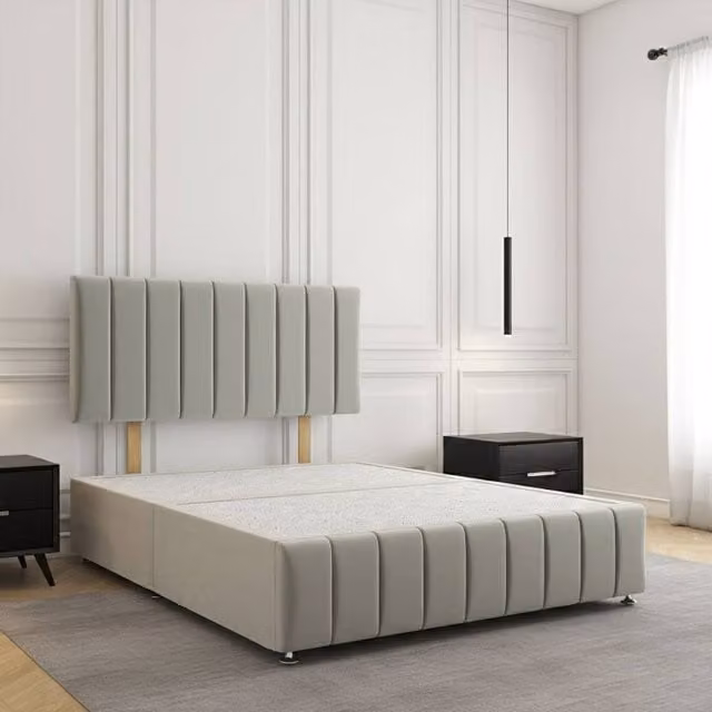 REGIONAL FURNISHINGS Single Silver Velvet Upholstered Divan Bed with 24 inch Headboard and Footboard, W/D/H: 90 x 200 cm
