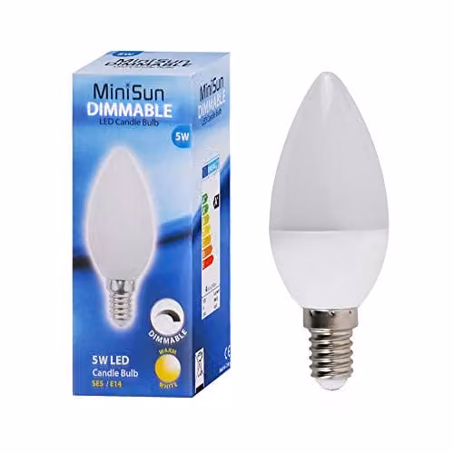 MiniSun Pack of 4 Dimmable 5W LED E14 Candle Bulbs, 3000K Warm White