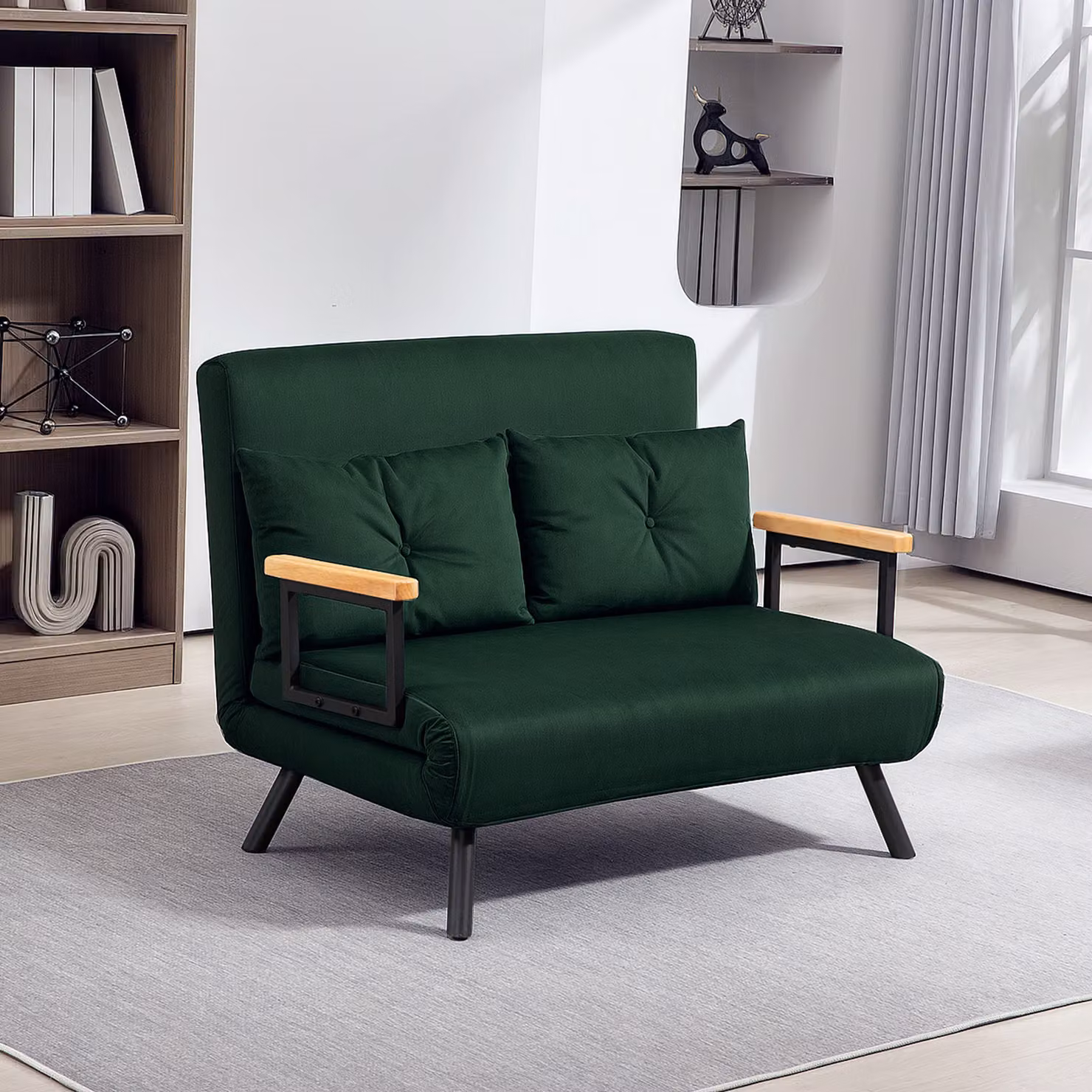 HOMCOM 4-in-1 Green Velvet Double Sofa Bed with Scatter Cushions and Metal Frame, 140 x 200 cm – 2