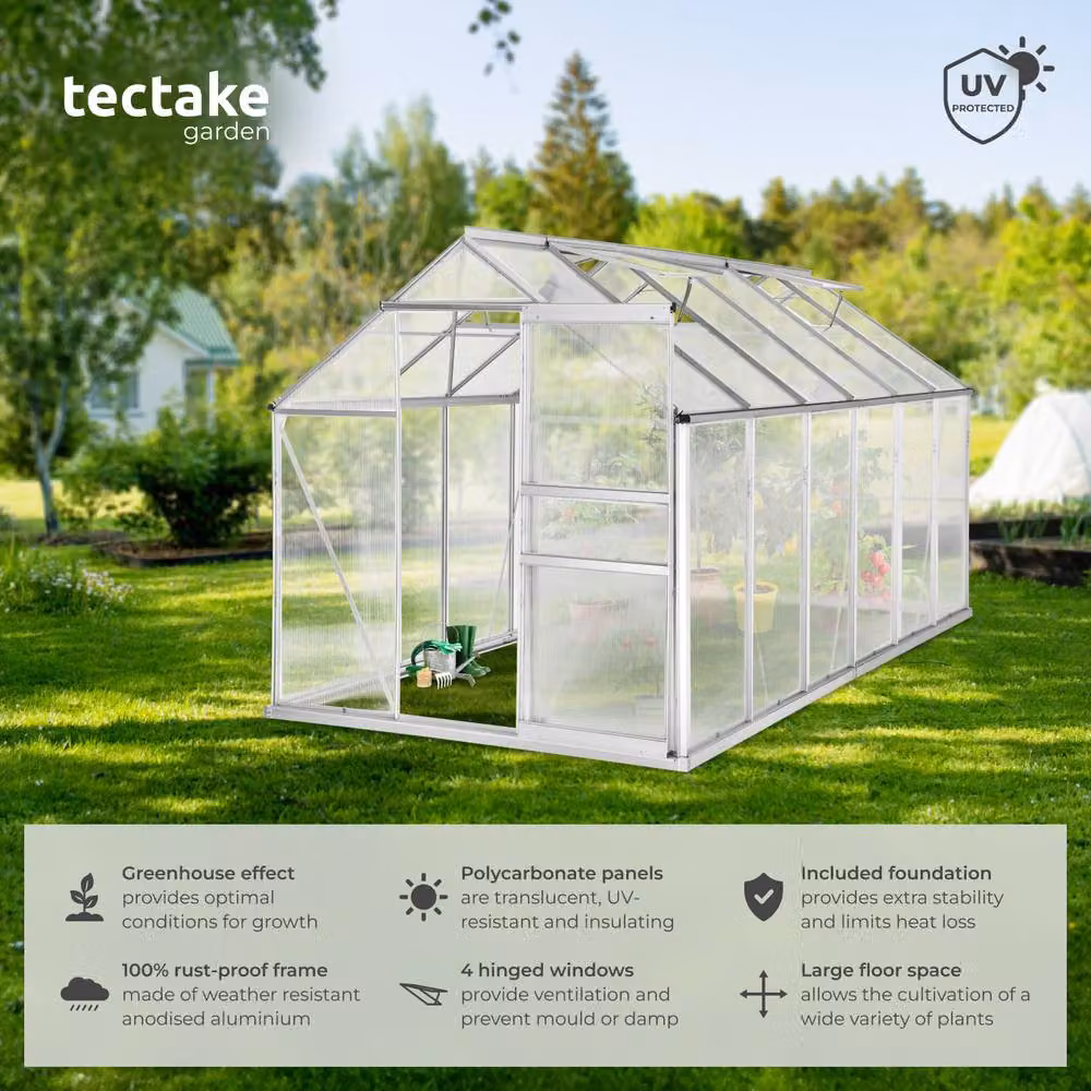 tectake Large Greenhouse with Foundation, Anodised Aluminium and Polycarbonate, Silver, W: 375 cm, D: 185 cm, H: 195 cm – 2