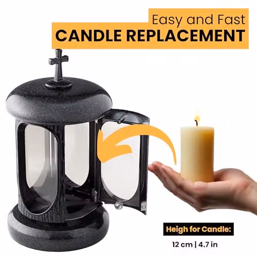NOVECRAFTO Black Granite Memorial Lantern with Cross, Height: 22 cm – 4