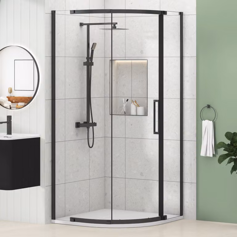Royal Bathrooms Chelsea Single Door Quadrant Shower Enclosure with White Mineral Cast Stone Tray, 8mm Easy Clean Glass, Matt Black, Height: 195 cm