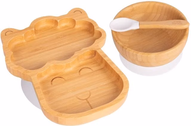 Tiny Dining 3-Piece Llama Bamboo and Silicone Suction Divided Toddler Feeding Set in White