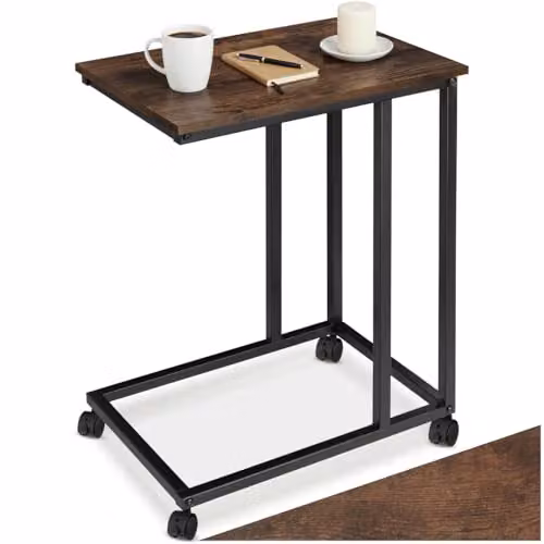 tectake C-Shaped Industrial Side Table with Steel Frame and Swivel Castors, Dark Wood and Black, W: 48 cm, D: 35 cm, H: 70 cm – 1
