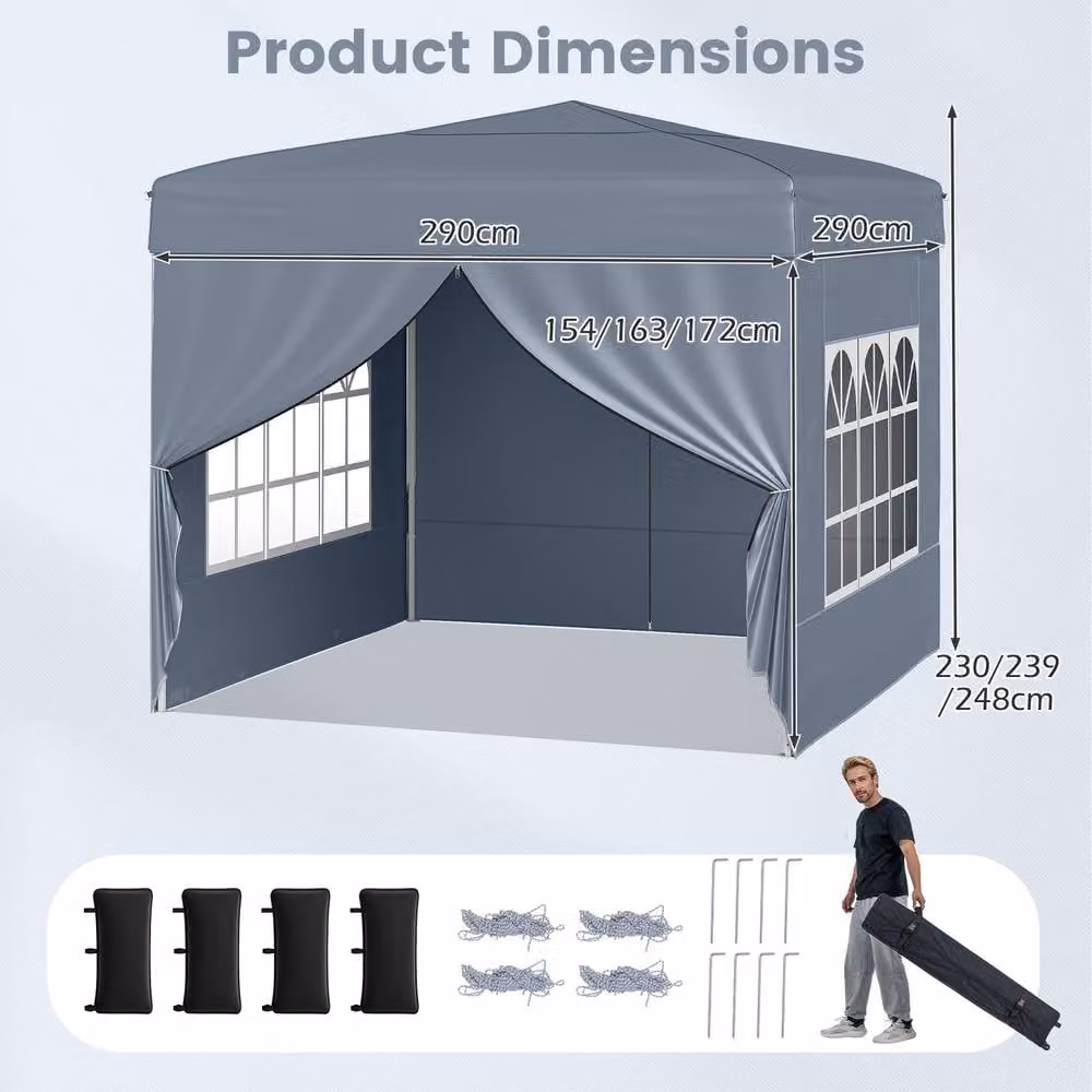 Gymax Grey Pop Up Camping Sunshade Shelter with 4 Sidewalls, W/D: 290 x 290 cm, H: 230 cm – 2