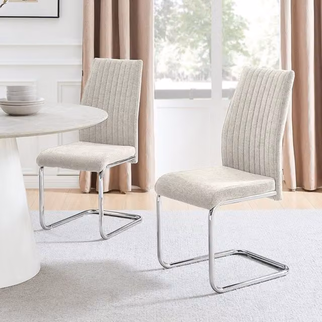 FurnitureboxUK Set of 2 Lorenzo Fabric Dining Chairs with Silver Metal Cantilever Base - Beige