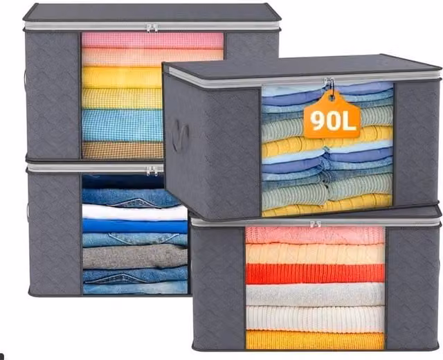 NESTLUNE 4-Piece Zipped Clothes Storage Bag Set in Grey