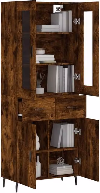 Berkfield Home Smoked Oak Highboard in Brown with Glass Doors, W/D/H: 69.5 x 34 x 180 cm