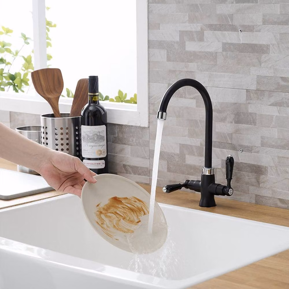 Heable Elegant Matte Black Dual Lever Monobloc Kitchen Sink Mixer Tap with Swivel Spout – 3