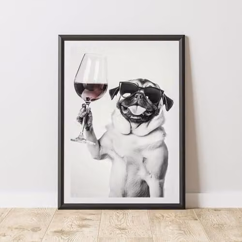 60 Second Makeover Funny Pug Drinking Wine Black and White Paper Poster, A4