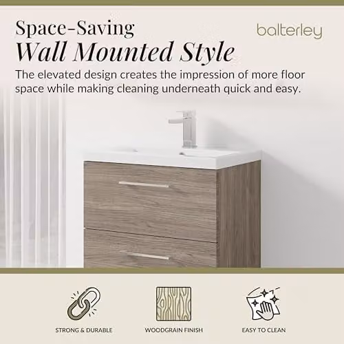 Balterley Wall Hung Bathroom Vanity Unit with Basin and 2 Soft Close Drawers, Woodgrain Grey, W: 61.0 cm, D: 39.0 cm, H: 57.9 cm – 2