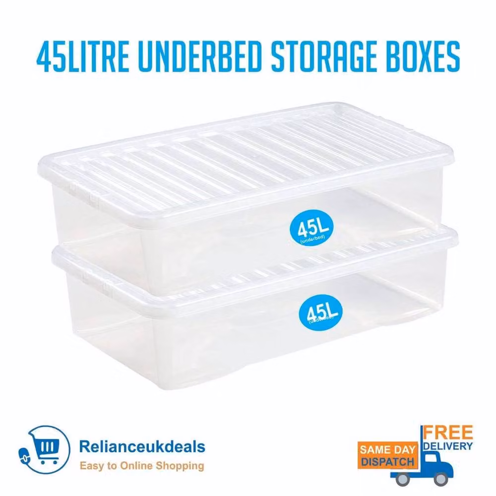 NESTLUNE Set of 2 Plastic Underbed Storage Boxes with Transparent Lids and Wheels, 45L each – 2