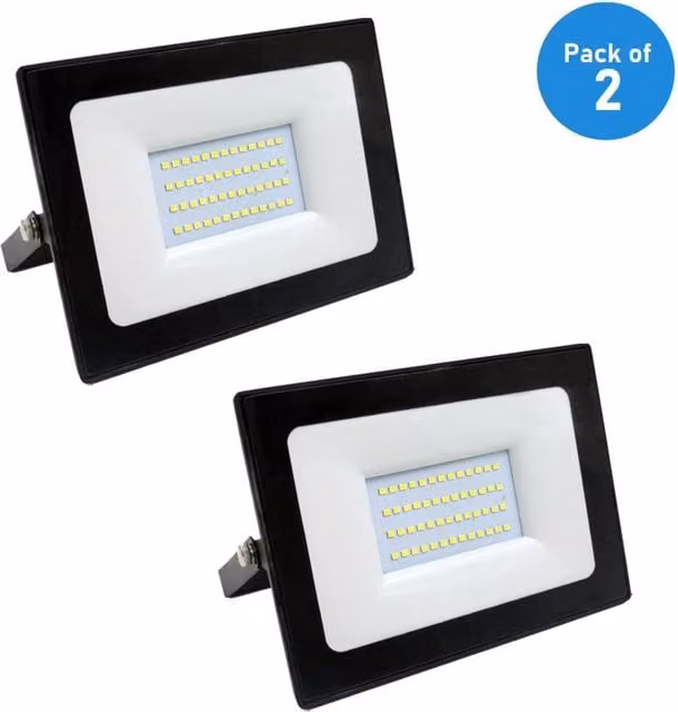 ENER-J Pack of 2 White LED SMD Non PIR Floodlights, 30W, 2400Lm, 6000K, IP65