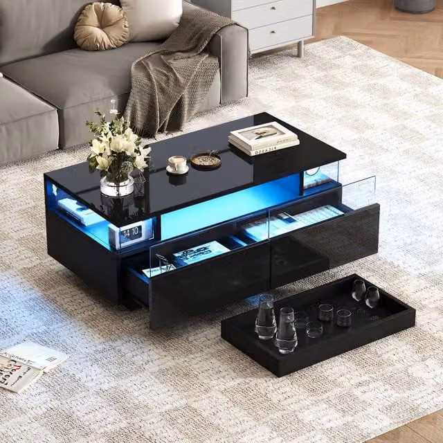 ModernLuxe High Gloss LED Coffee Table with Glass Top and Drawers in Black – 1