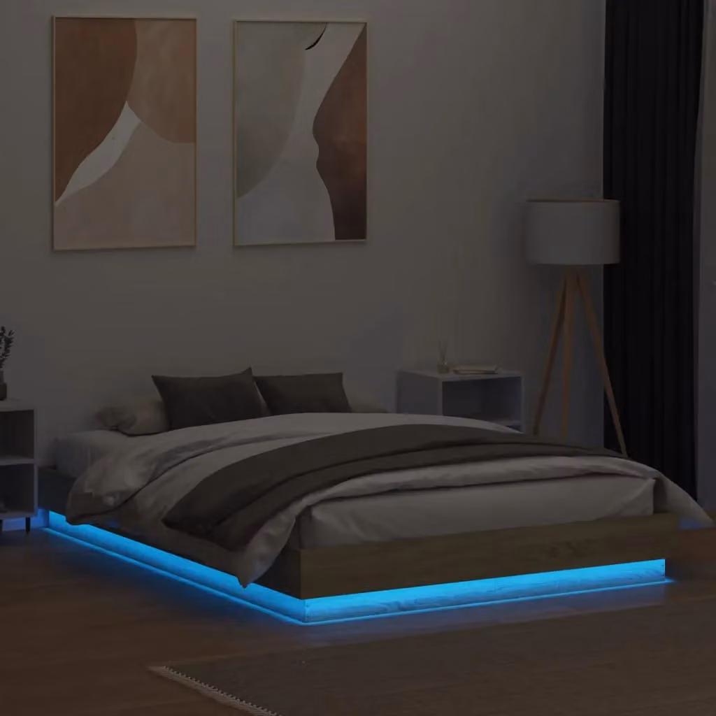 Berkfield Home Modern Small Double Bed Frame with LED Under-Bed Lighting and USB Charging Port in Sonoma Oak Brown, W/D/H: 120 x 200 cm – 3