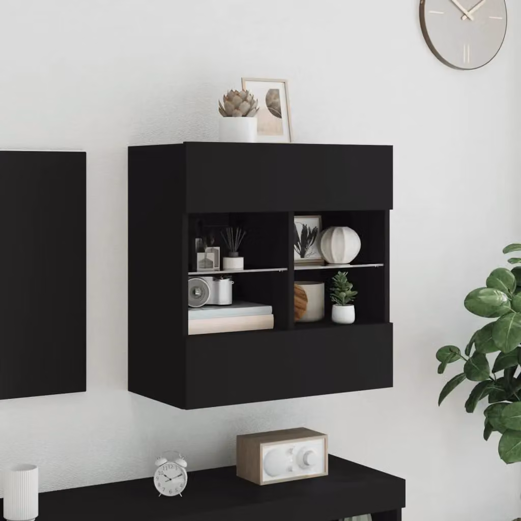 Berkfield Home Modern Black Wall Mounted TV Cabinet with LED Lighting and Glass Doors, W: 58.5 cm, D: 30 cm, H: 60.5 cm – 4