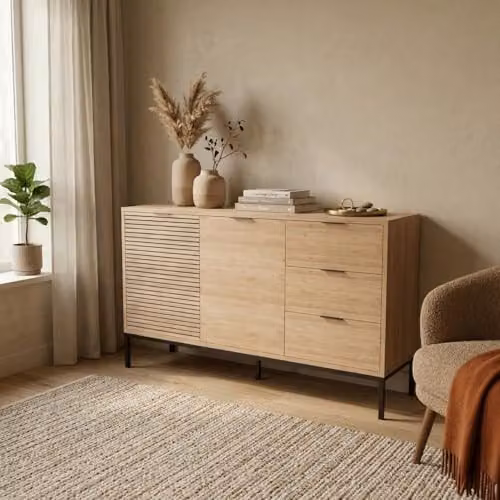 Bimossa Alya Oak Effect Sideboard Cabinet with 3 Drawers and 2 Doors, W: 140 cm, H: 80 cm, D: 40 cm – 1