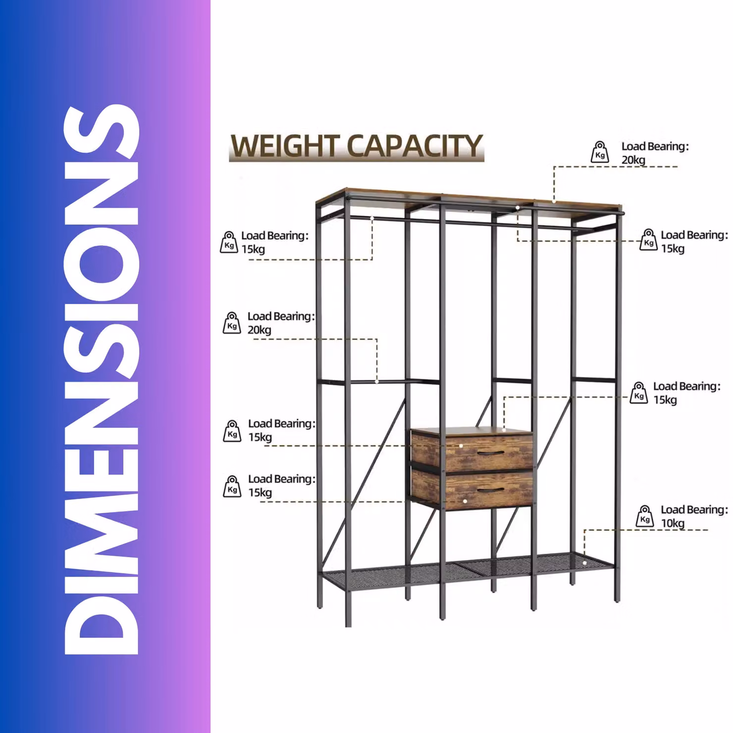 Pirlo Plush Industrial Rustic Open Wardrobe with Garment Rail, Storage Shelves and Drawers in Brown and Black – 4
