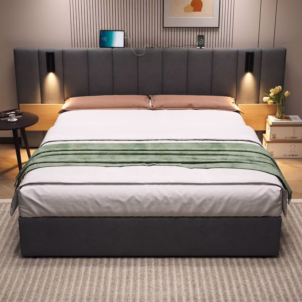 Matteo King Upholstered Velvet Bed in Grey with USB Charging Port, Integrated Reading Light and Hydraulic Storage W/D/H: 180 x 200 cm – 5