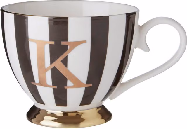 Orsina Duchess Striped Monogram Bone China Mug in Black, White and Gold – 1