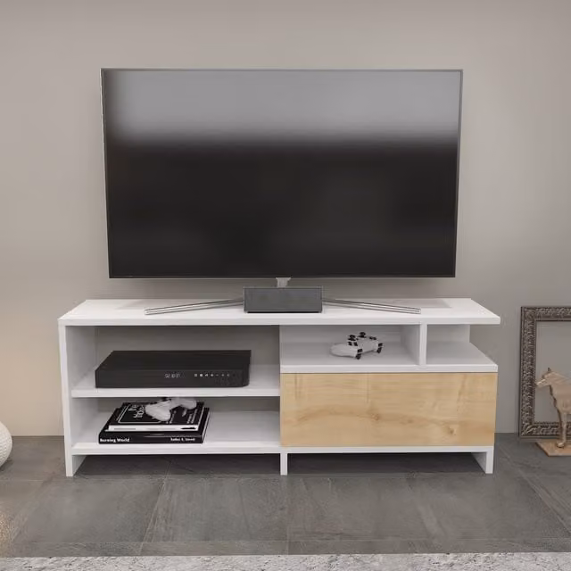Pulaski Modern White and Sapphire Oak TV Unit with Media Compartments