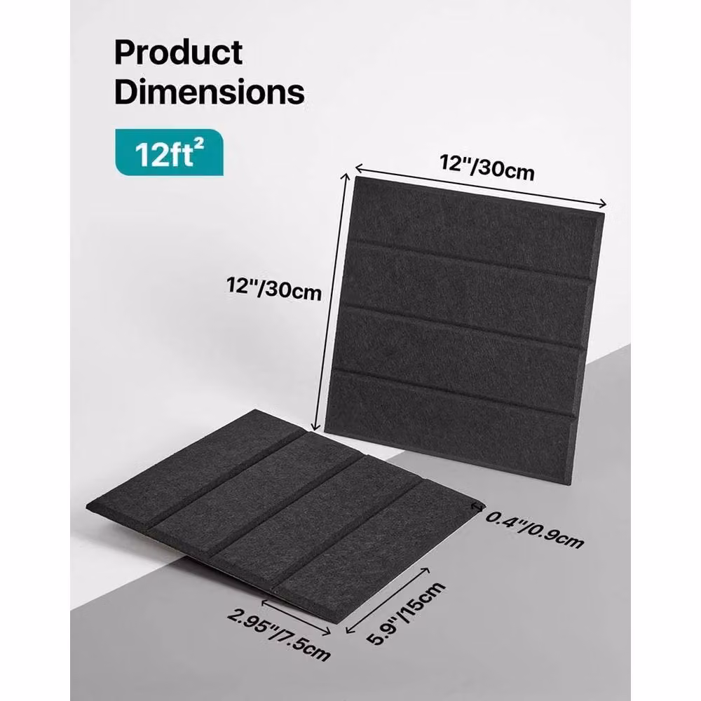 VOGREX 12-Piece Black Polyester Fiber Acoustic Wall Panels, 9mm Thickness, W/D/H: 30.48 x 30 x 0.9 cm – 2