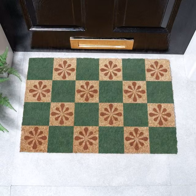 Artsy Mats Green Petal Checkerboard Coir Doormat in Brown, W: 60 cm, D: 40 cm
