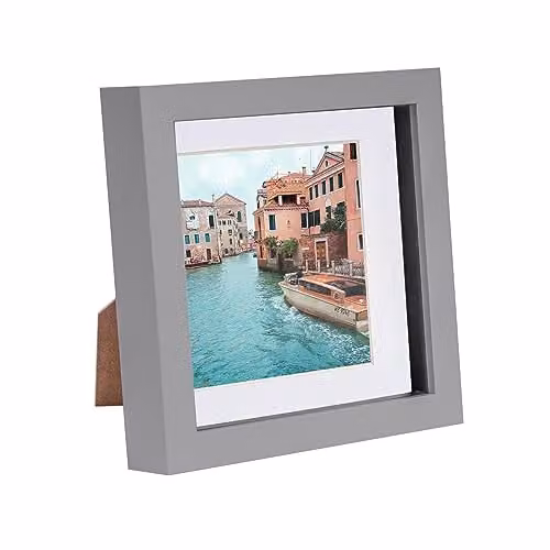 Nicola Spring Single Square Shadow Box Photo Frame in Grey and White with 4 x 4 inch Mount, W/D/H: 17.5 x 17.5 x 3.5 cm
