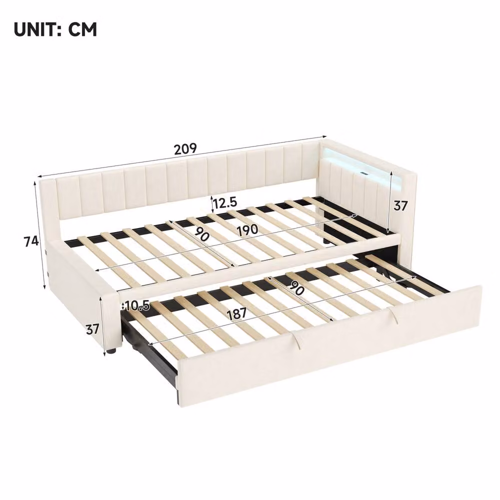 STILVORA Modern Single Daybed with Trundle and USB Charging Port in Beige Velvet, W/D/H: 90 x 190 cm – 2