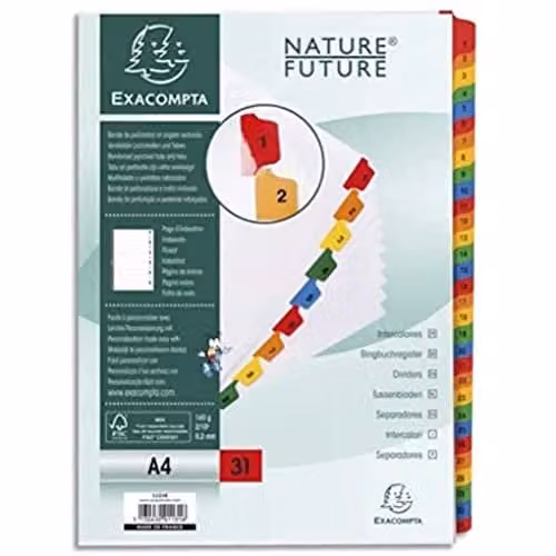 Exacompta A4 White Card Dividers with 31 Multicolour Numbered Tabs 1-31