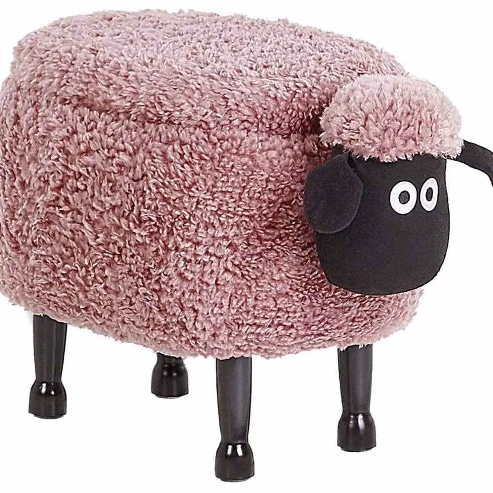 Wyld and Coco Pink Sheep Faux Fur Footstool with Lift Up Storage and Black Rubberwood Legs – 1